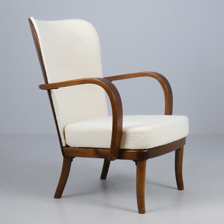 Werner West Arm Chair in Dark Stained Birch & White Wool, Wilh. Schauman 1930s
