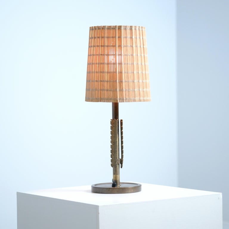 Lisa Johansson-Pape Table Lamp Model 2053 in Brass and Rattan, Orno 1940s