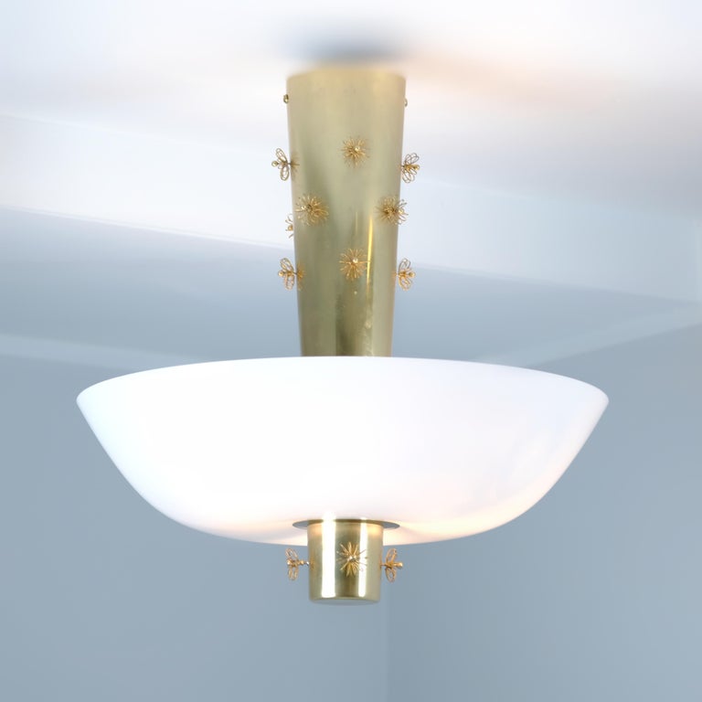 Paavo Tynell Ceiling Lamp Cannon Shell Model 9040, Brass & Opaline, Idman 1950s