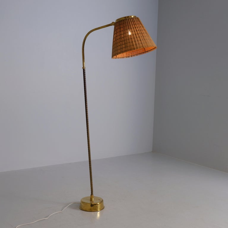 Lisa Johansson-Pape, Floor Lamp Model 2063 in Brass & Rattan, Orno 1950s