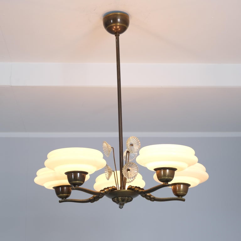 Lisa-Johansson Pape Brass, Glass, & Flowers Ceiling Lamp, Orno 1940s