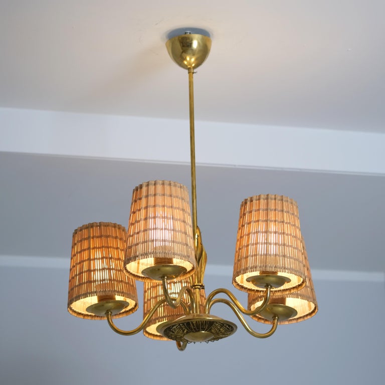 Mid-Century Ceiling Lamp Model 51143 in Brass & Rattan, Idman, Finland 1950s