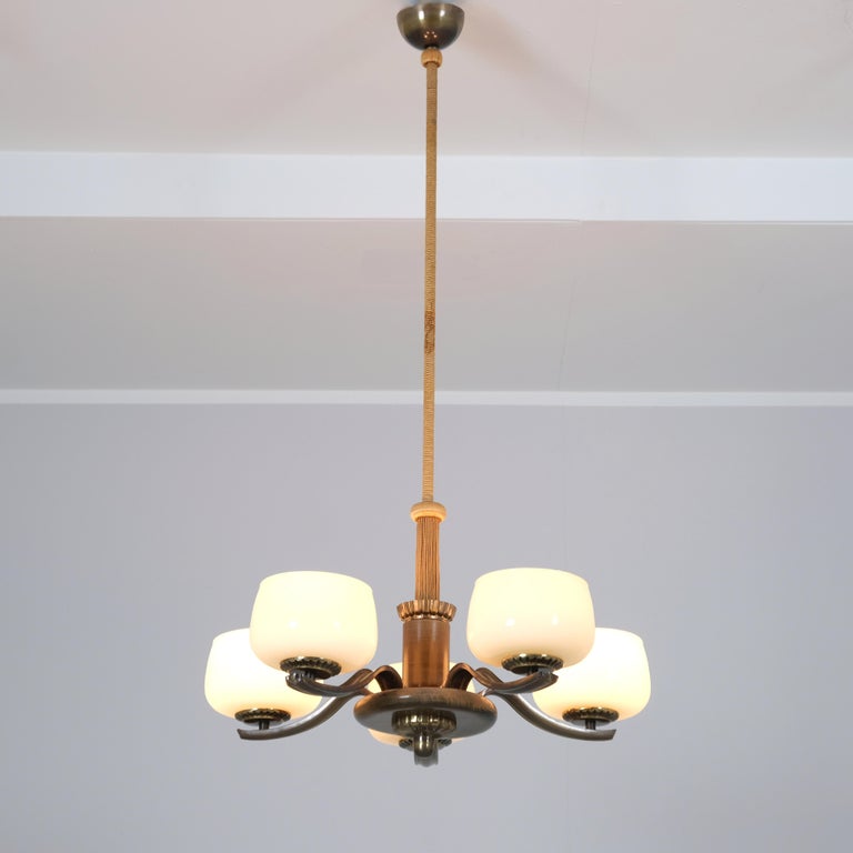 Art Deco Paavo Tynell Pendant in Brass, Birch & Opaline Glass, Taito 1940s