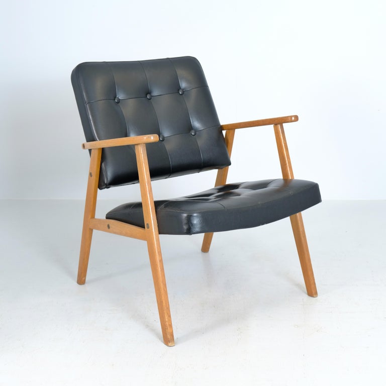 Scandinavian Mid-Century Modern Armchair in Oak and Black Faux Leather, 1960s