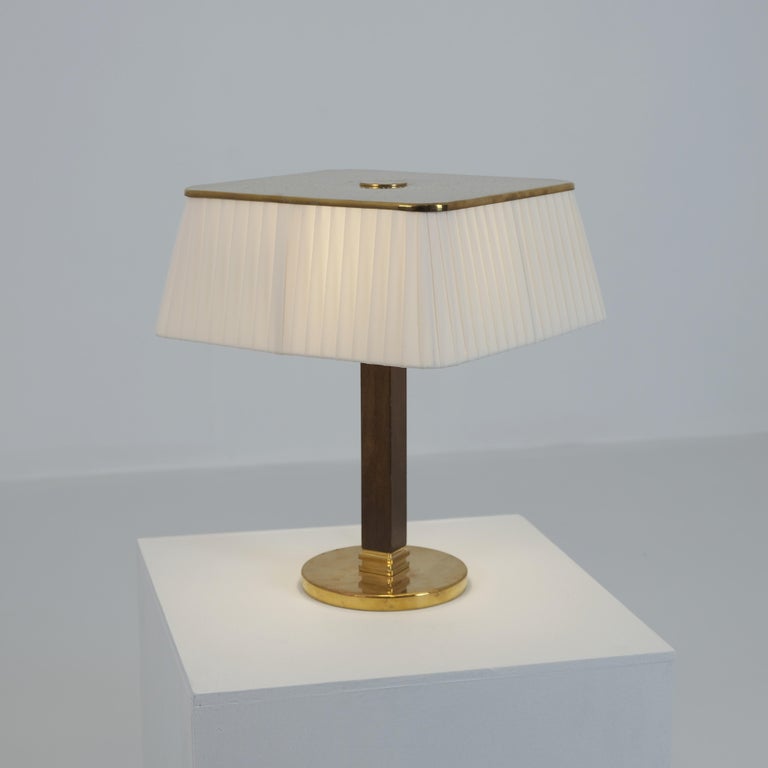 Paavo Tynell Perforated Brass, Fabric, & wooden Table Lamp 5066, Taito 1950s