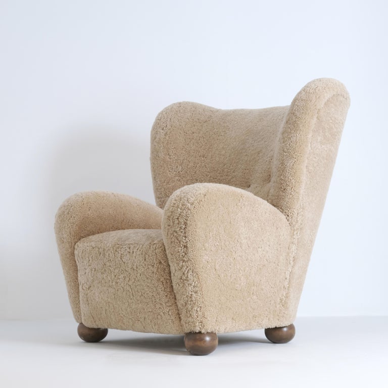Highback Märta Blomstedt Aulanko Armchair in Honey Natural Sheepskin, 1940s