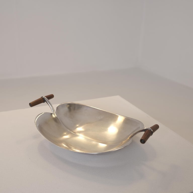 Tapio Wirkkala Dish TW 58 in Sterling Silver & Teak Handles, Kultakeskus 1966