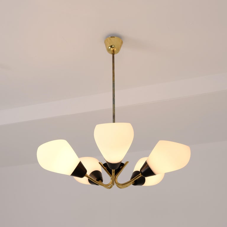 Mid-Century Valinte Ceiling Lamp 2558/5, Brass, Black & Glass, Finland 1950s