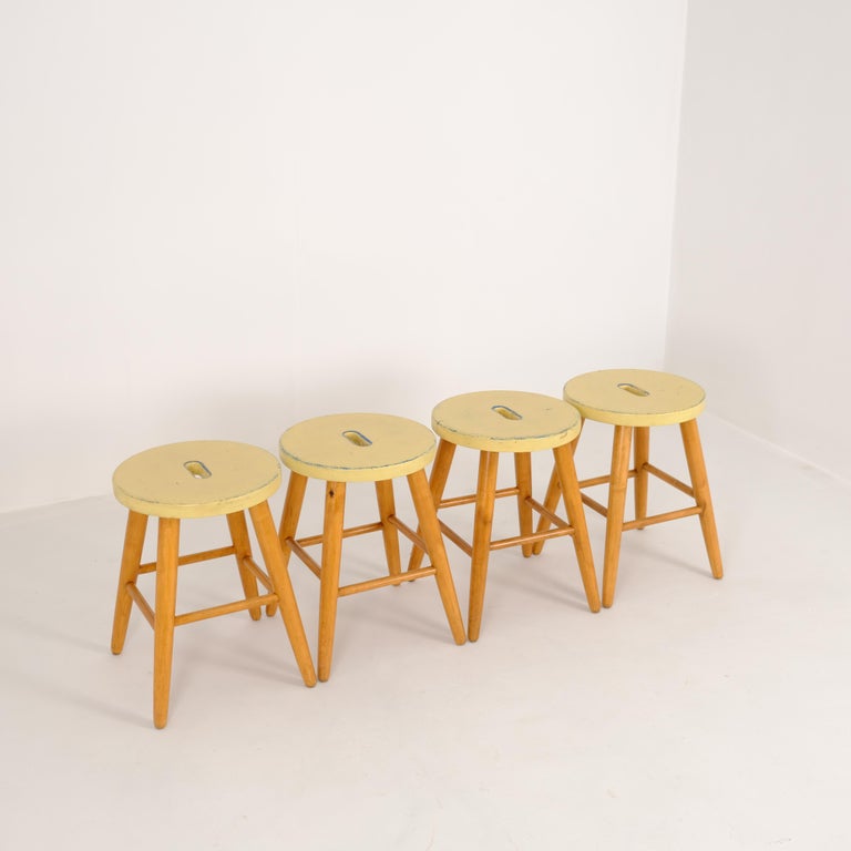 Set of 4 Mid-Century Stools in Birch & Yellow, Enso-Gutzeit, Finland 1950s