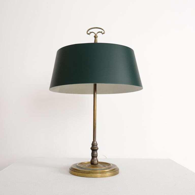 Elegant Mid-Century Table Lamp, Brass & Green Painted Metal, Sievä Finland 1960s