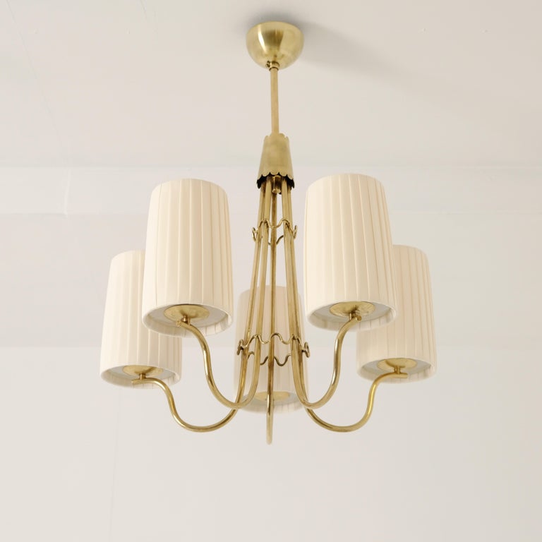 Scandinavian Mid-Century Five Arm Brass Pendant With Pleated Shades, Sweden 1950s