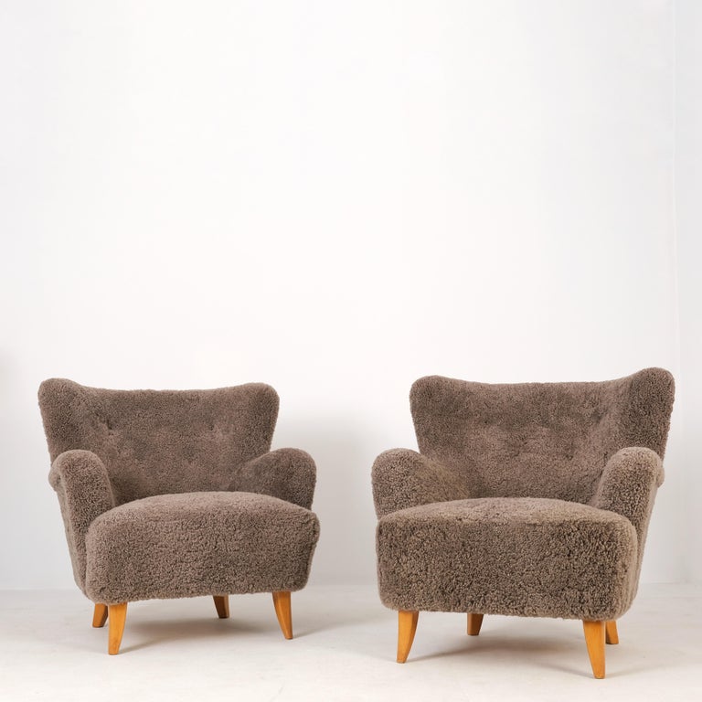 Pair Of Ilmari Lappalainen Laila Armchairs Model 238 in Sheepskin, Asko 1940s