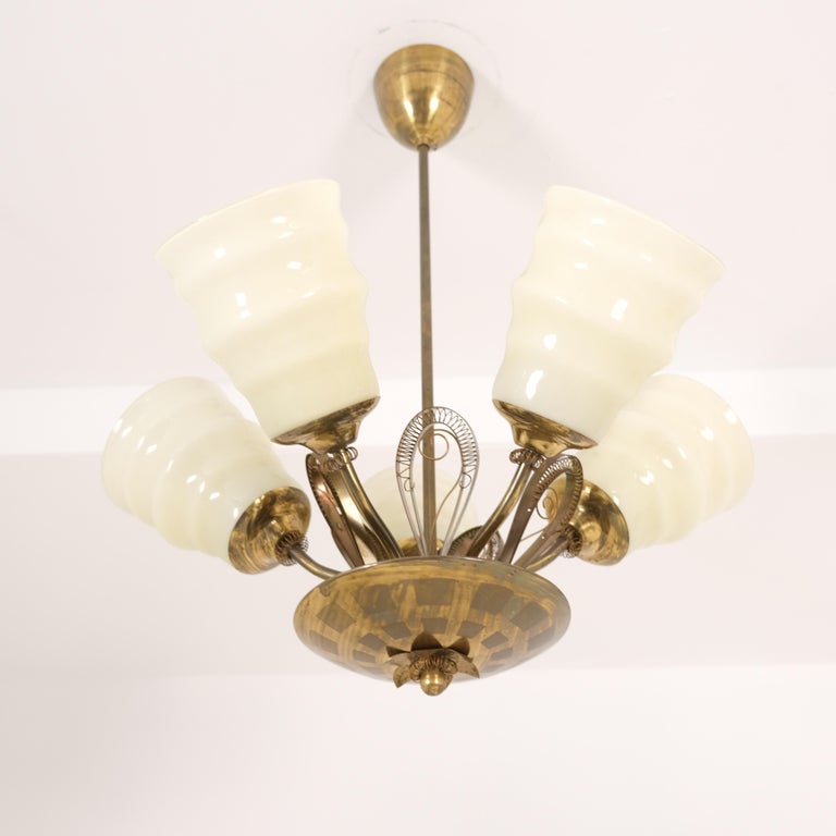 Mid-Century Ceiling Lamp in Brass & Glass with Spring Decorations, Finland 1950s
