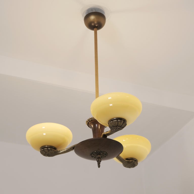 Early Paavo Tynell Pendant 1376 in Brass, Birch & Opaline Glass, Taito 1930s