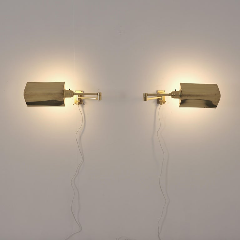 Pair of Scandinavian Modern Adjustable Brass Wall Lamps, EWÅ, Sweden 1970s