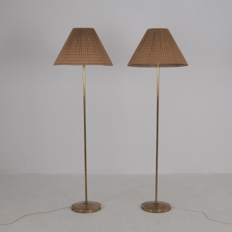 Pair of Hans-Agne Jakobsson Floor Lamp in Brass & Rattan, Markaryd Sweden 1970s