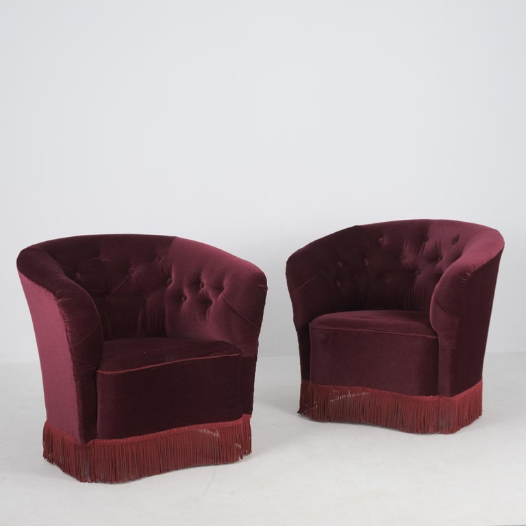 Pair of Finnish Design Curved Armchairs in Red Velvet, Attr to Boman Circa 1940s