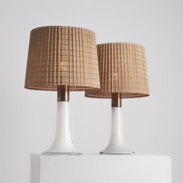 Lisa Johansson Pape Pair of Table Lamps, Opal Glass, Copper & Rattan, Orno 1960s