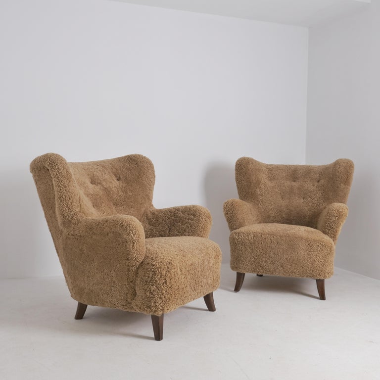 Pair Of Ilmari Lappalainen Laila Arm Chairs 238 in Maple Sheepskin, Asko 1940s
