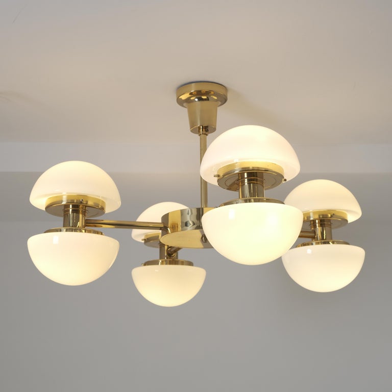Nordic Modern Sizable Bau Chandelier, Brass & Glass, Klaus Michalik, Orno 1980s