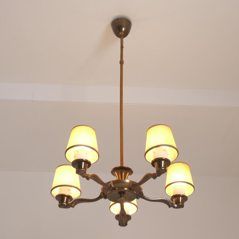 Mid-Century Pendant in Brass, String, & Parchment Shades, PSO Finland 1940s