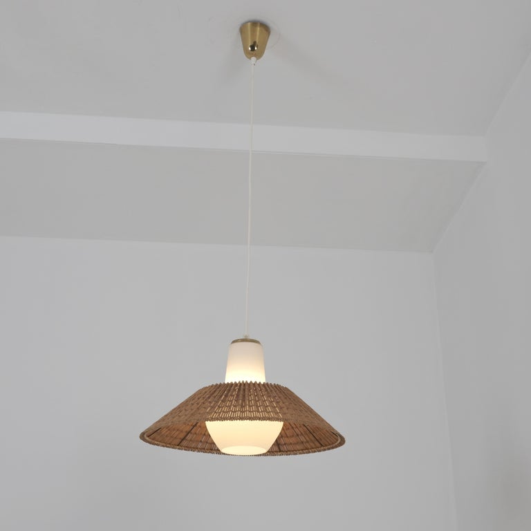 Paavo Tynell Ceiling Lamp in Rattan, Brass, & Glass Model K3-262, Idman 1960s
