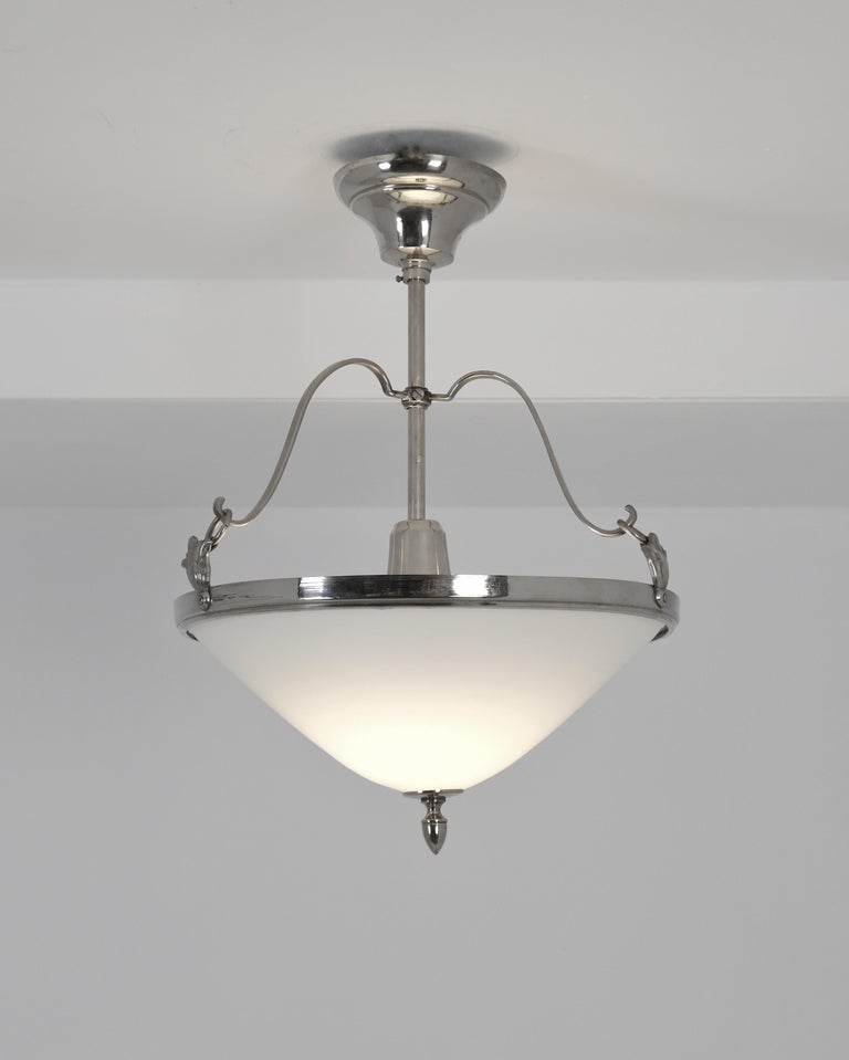 Paavo Tynell Art Deco Pendant 1010, Tinned Brass & Opaline Glass, Taito 1920s
