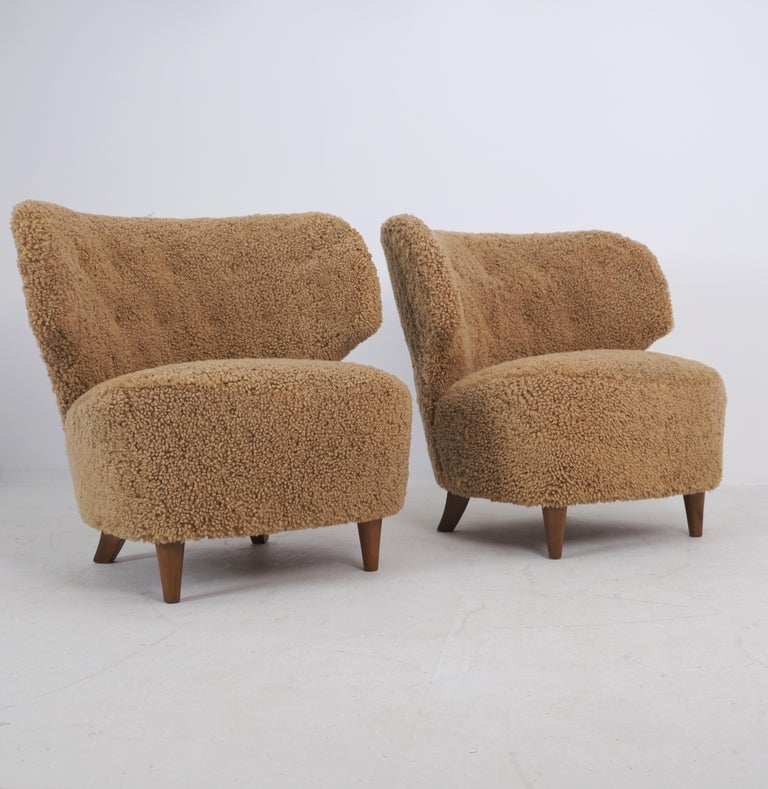 Pair Of Armchairs attr. to Carl-Johan Boman in Natural Sheepskin, Finland 1950s