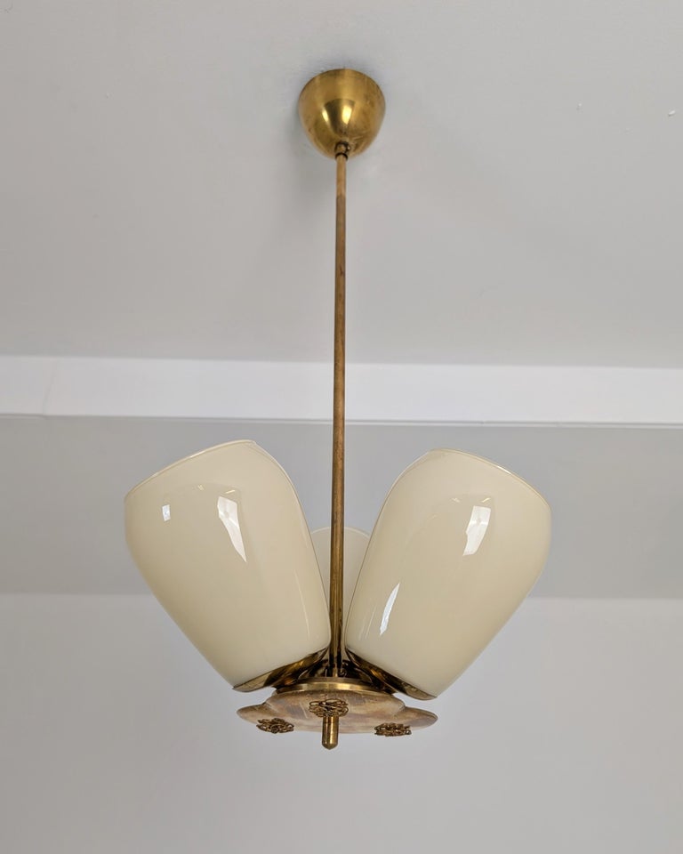 Mid-Century Chandelier in Brass & Glass, V. Soini, Finland 1950s