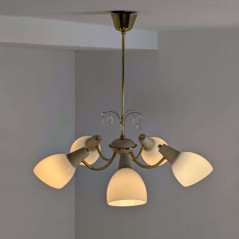 Vintage Chandelier in Brass, Beige & Glass, Valaisin Lindström, Finland 1950s