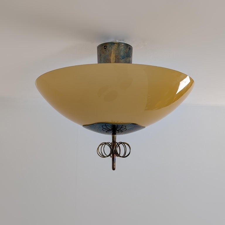 Nordic Modern Paavo Tynell Flush Mount, Perforated Brass & Glass, Taito 1940s
