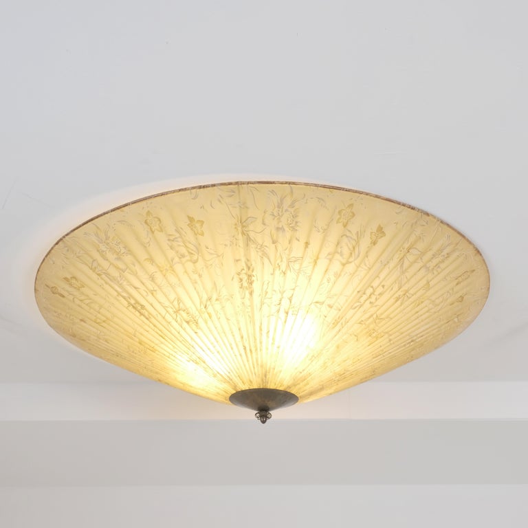 Large Vintage Flush Mount with Brass & Floral Decorations, Finland 1950s