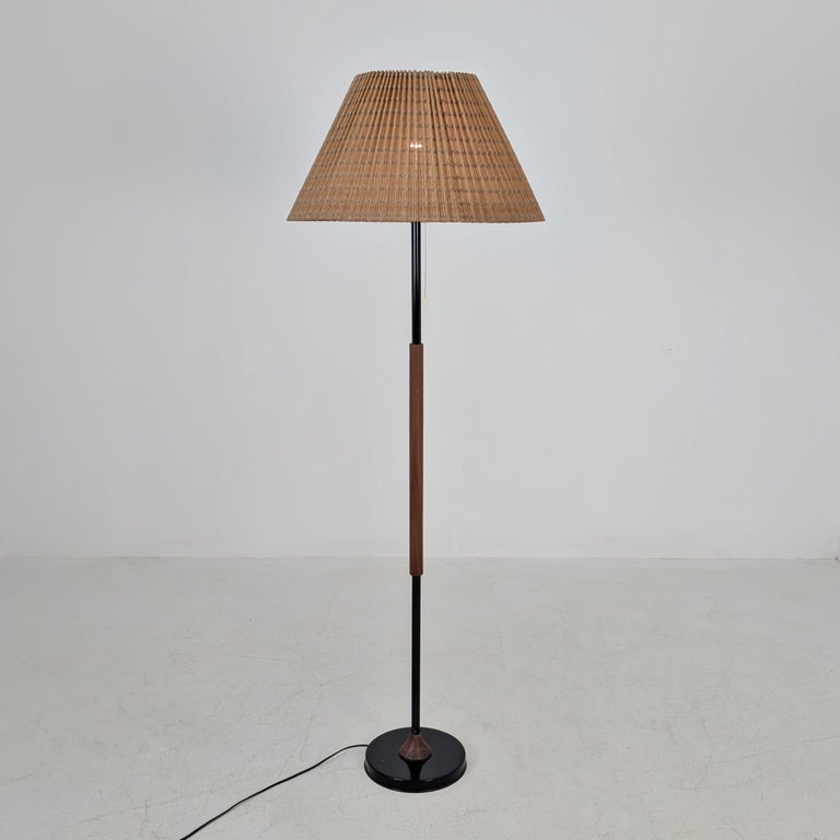 Vintage Modern Floor Lamp in Black, Teak, & Rattan, Finland 1960s