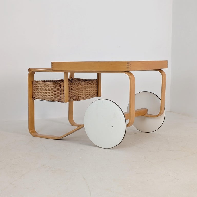 Alvar Aalto Tea Trolley 900, Birch, Rattan, & White Tiles, Artek, Finland 1960s