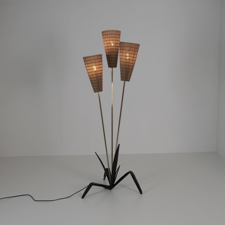 Mid-Century Modern Floral Floor Lamp in Black, Brass & Rattan, Finland 1950s