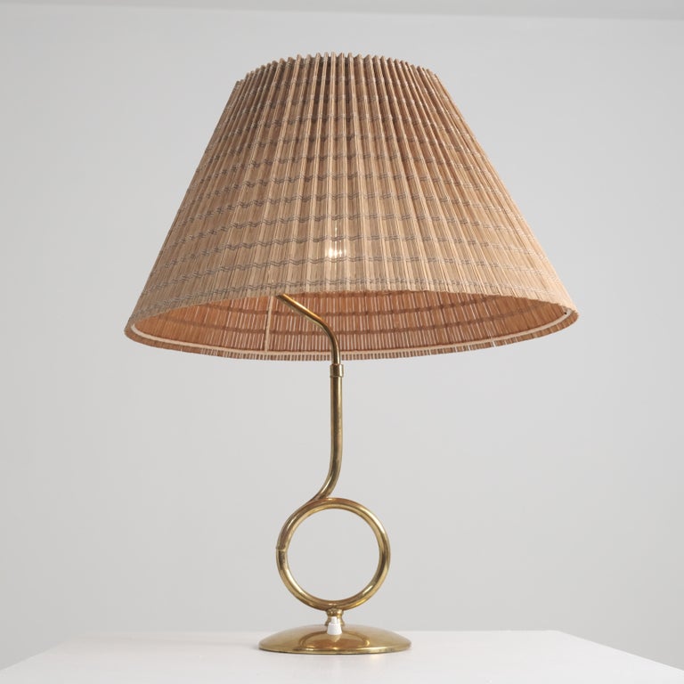 Large Mid-Century Modern Valinte Table Lamp in Brass & Rattan, Finland 1950s