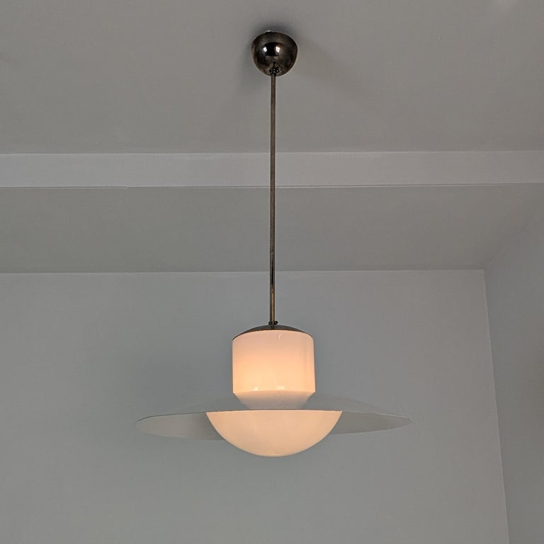 Paavo Tynell Pendant, Chromed Metal, Painted Shade, & Opaline Glass, 1950s