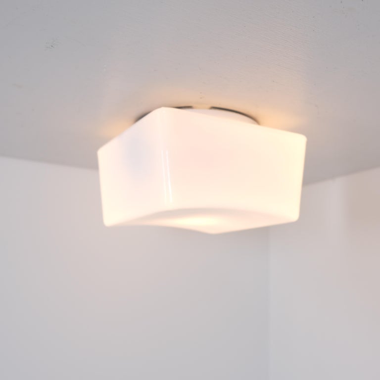 Minimalist Vintage Flush Mount in White Opaline Glass, 1950s