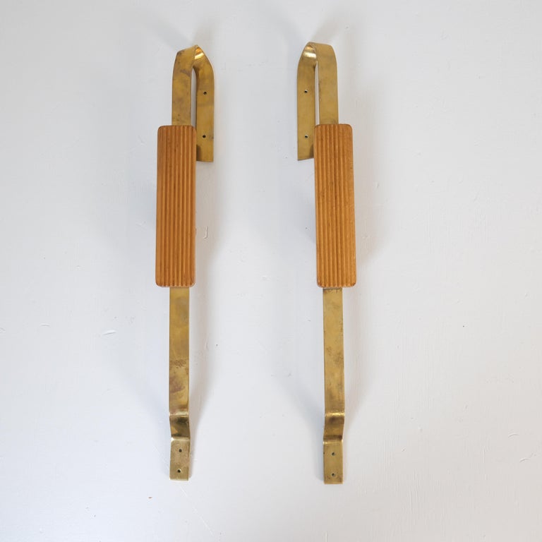 Pair of Finnish Mid-Century Design Door Pulls in Brass & Wood, 1950s