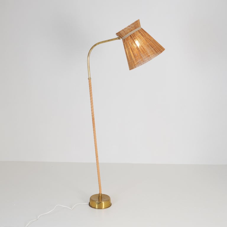 Lisa Johansson-Pape, Floor Lamp Model 2063, Brass, Leather, & Rattan, Orno 1950s