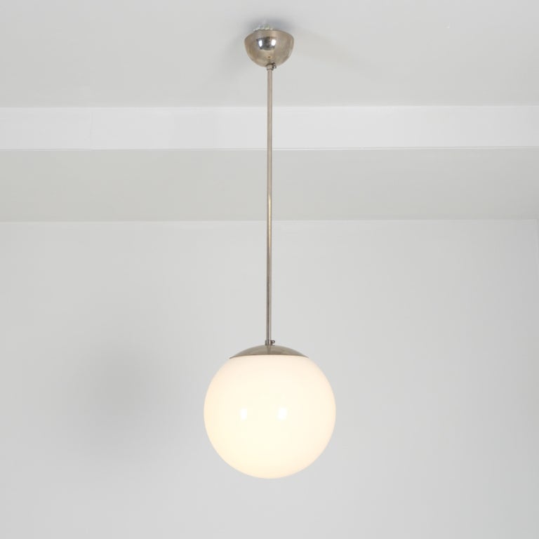 Paavo Tynell Minimalist Pendant 1602, Chromed Metal & Opaline Glass, Idman 1950s