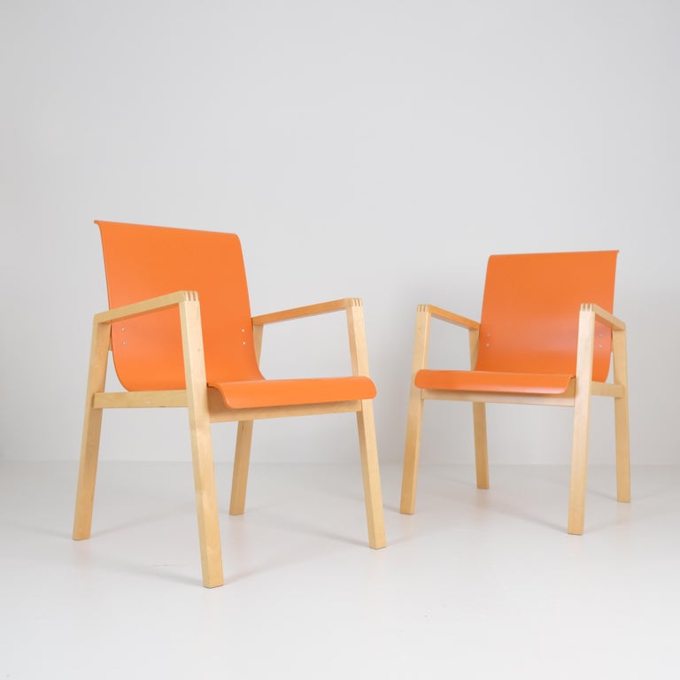Pair of Alvar Aalto Hallway Armchairs Model 403 in Birch & Orange, Artek 2008