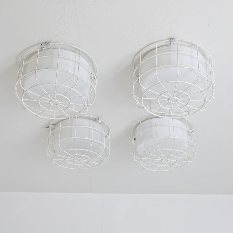 Set of Four Vintage White Flush Mounts with Metal Cage Protectors, Finland 1960s