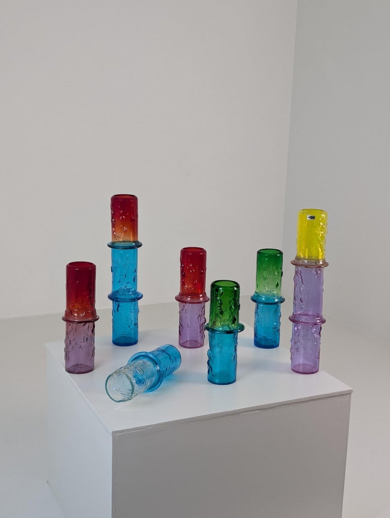 Set of Seven Colourful Signed Oiva Toikka Bambu Vases, Nuutajärvi Finland 1960s