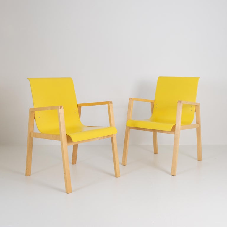 Pair of Alvar Aalto Hallway Armchairs Model 403 in Birch & Yellow, Artek 2008