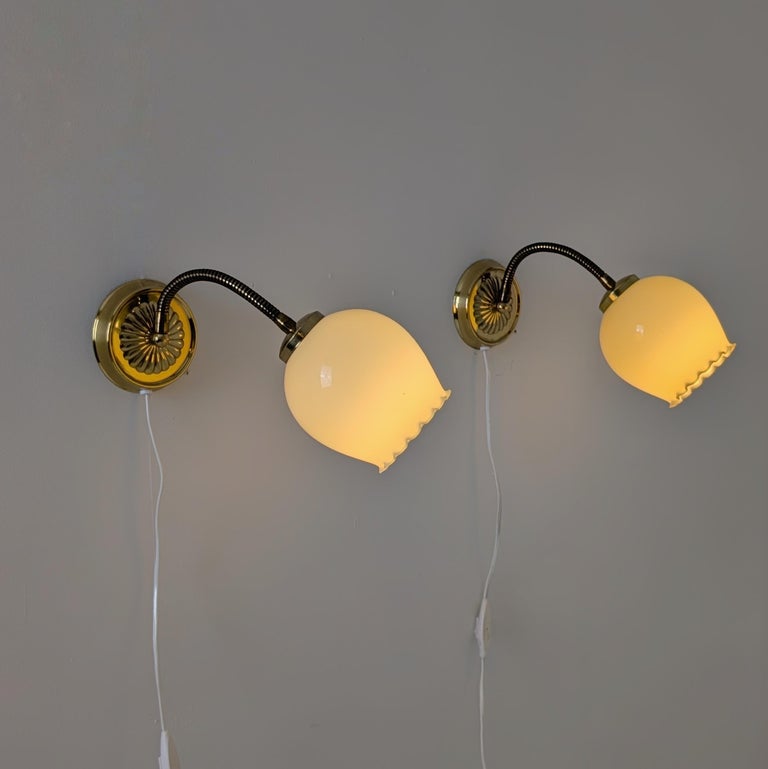 Pair of Vintage Finnish Design Scones, Brass & Glass Flower Bud Shades, 1970s