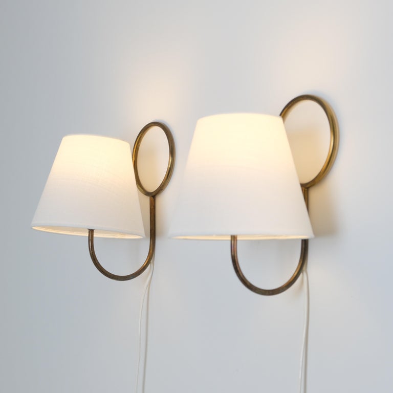 Pair of Minimalist Nordic Modern Brass & Fabric Scones, c. 1950s