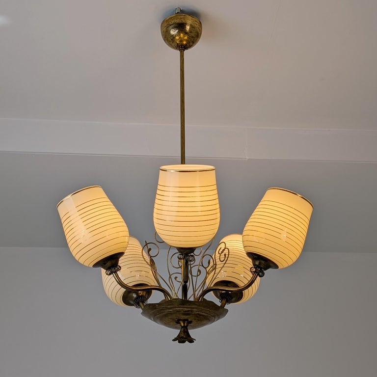 Mid-Century Finnish Design Chandelier in Brass & Striped Opaline Glass, 1950s