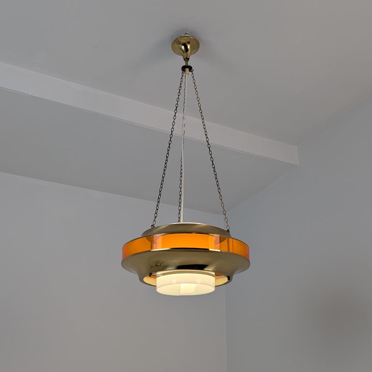 Modernistic Kai Ruokonen Ceiling Pendant in Brass, White & Orange, Finland 1970s
