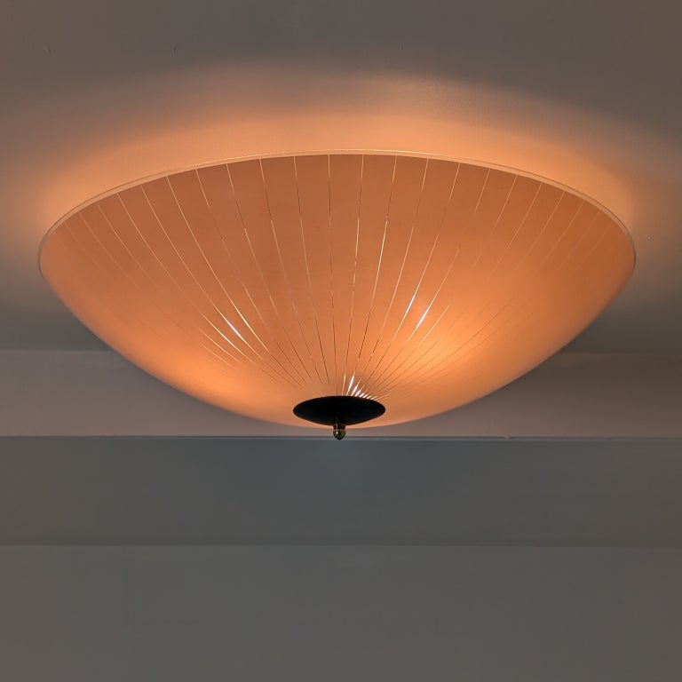 Vintage Flush Mount in Salmon Pink Etched Glass, Lasipaino Oy, Finland 1950s